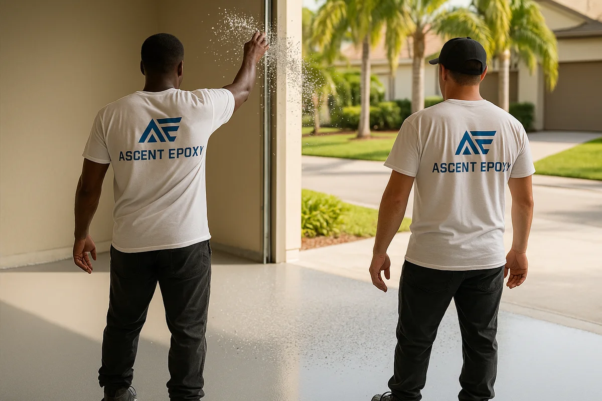 Ascent Epoxy Miami crew broadcasting decorative flakes onto a fresh epoxy garage floor