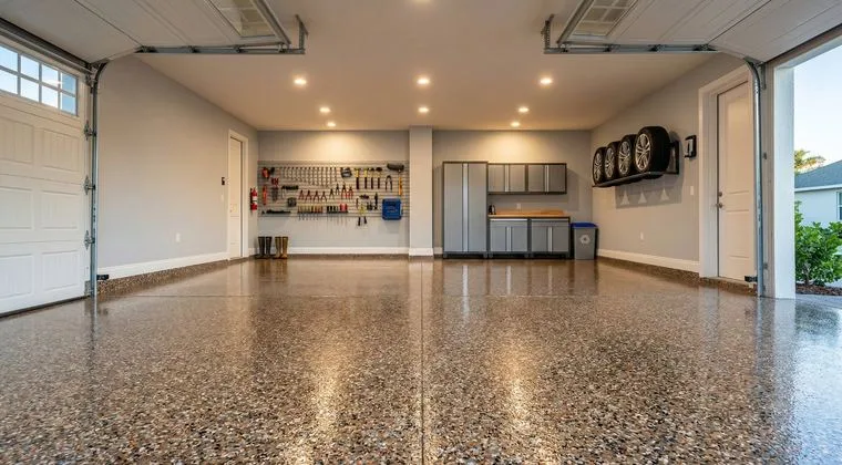 Clean Miami garage with a decorative flake epoxy floor