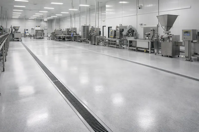 Food processing plant floor with drainage channel Miami