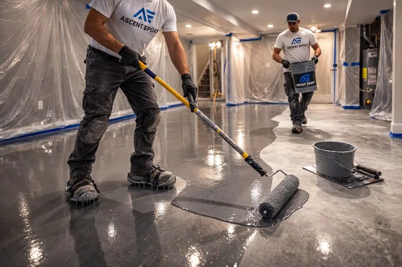 Decorative flake epoxy garage floor in a Kendall family home