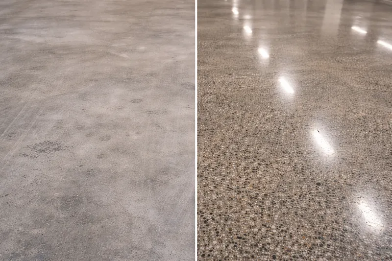 Polished concrete before and after — raw concrete vs high-gloss finish Miami