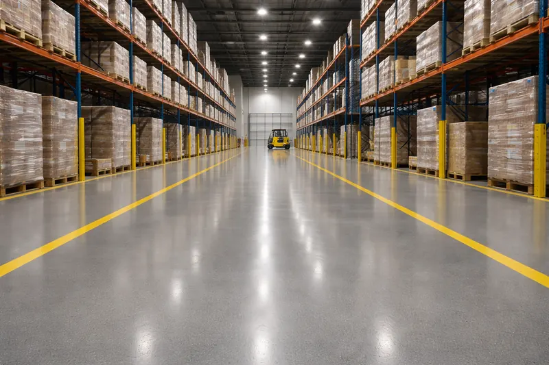 Warehouse epoxy floor with yellow safety line markings Miami
