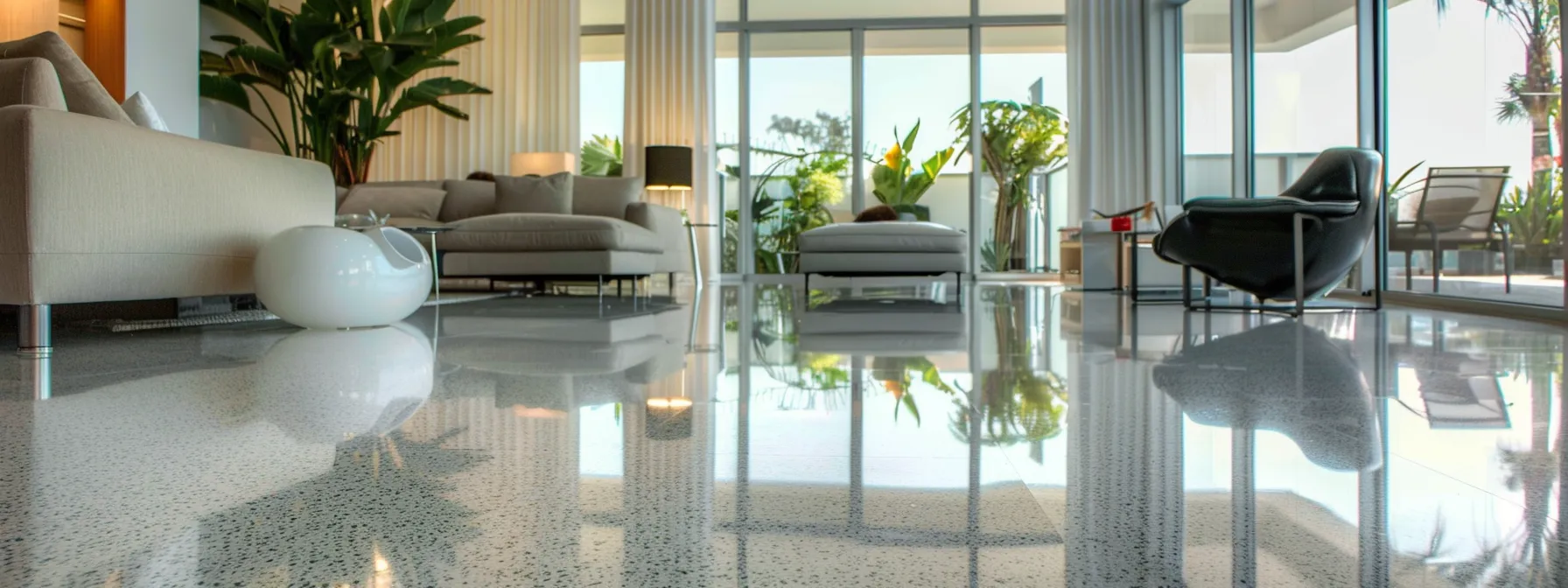 a polished, contemporary miami living room showcases a shimmering, eco-friendly epoxy floor, accentuated by sleek furniture and modern decor, emphasizing a vibrant yet sustainable indoor atmosphere. a polished, contemporary miami living room showcases a shimmering, eco-friendly epoxy floor, accentuated by sleek furniture and modern decor, emphasizing a vibrant yet sustainable indoor atmosphere.